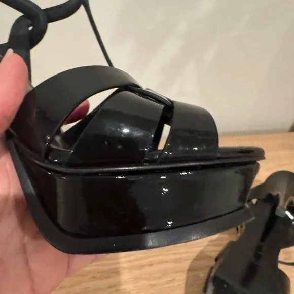 Saint Laurent Black Patent T-Strap Heels with Gold Logo - Picture 7 of 16